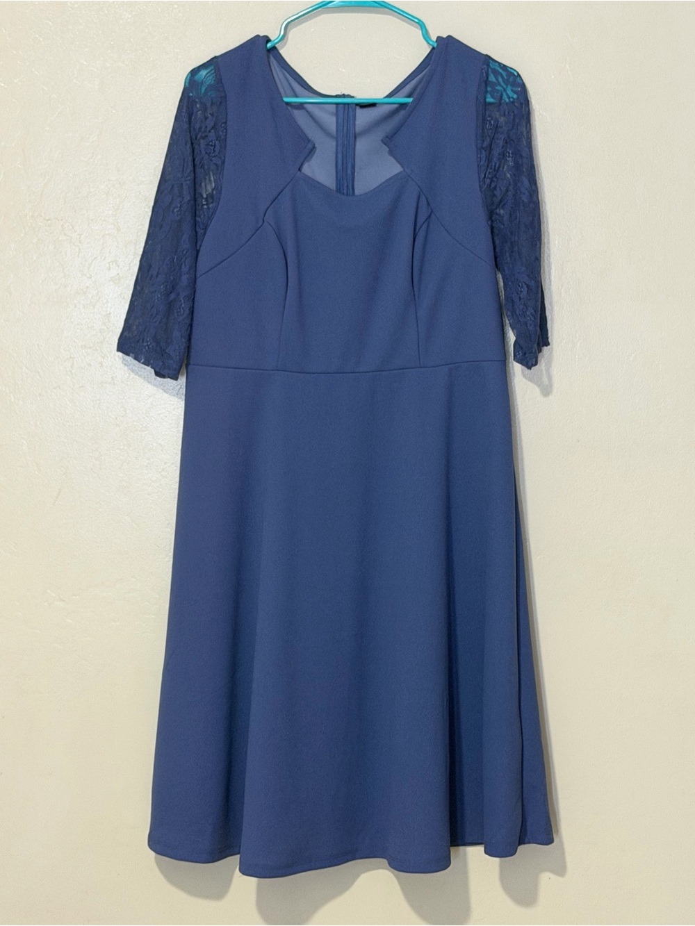 SHEIN Navy Blue Midi A-Line Dress with Lace Sleeves